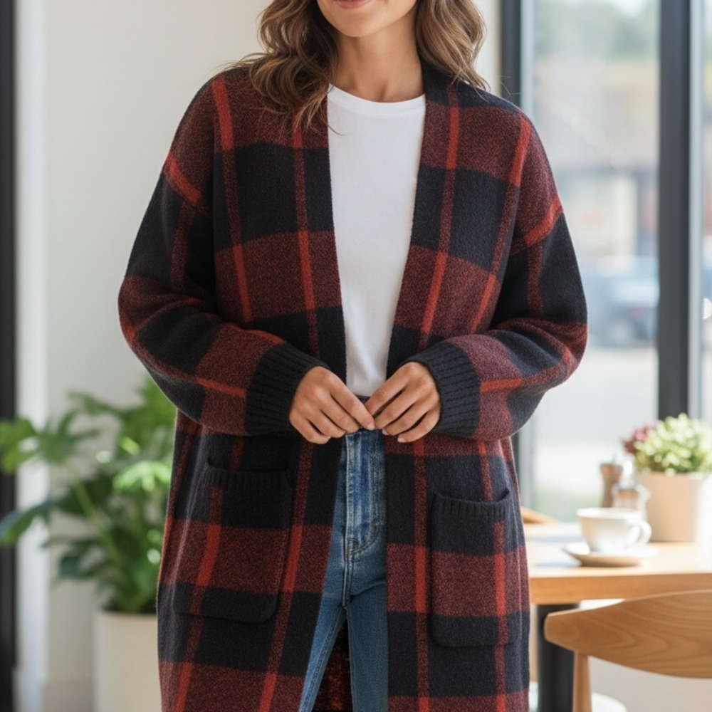 Atmosphere Rust Red & Black Plaid Open-Front Cardigan Small Alpine Western